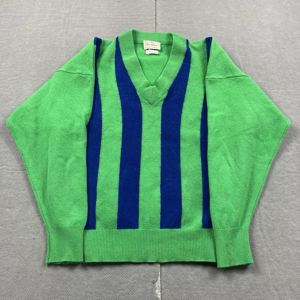 Vintage Hockley Sweater Mens 40 V Neck Pullover Lambswool Striped Green Blue‎